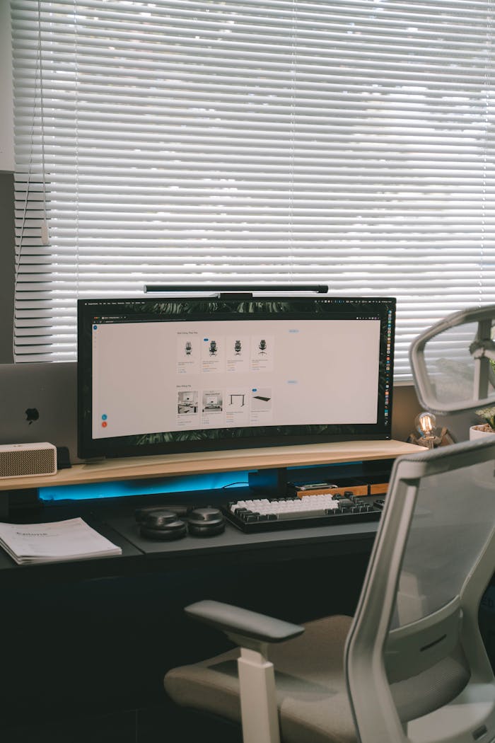 Modern home office setup featuring a sleek desktop and comfortable chair by a window.